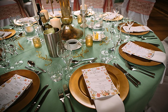 mint wedding tableclotn gold plates for summer wedding color 2022 coral gold and mint