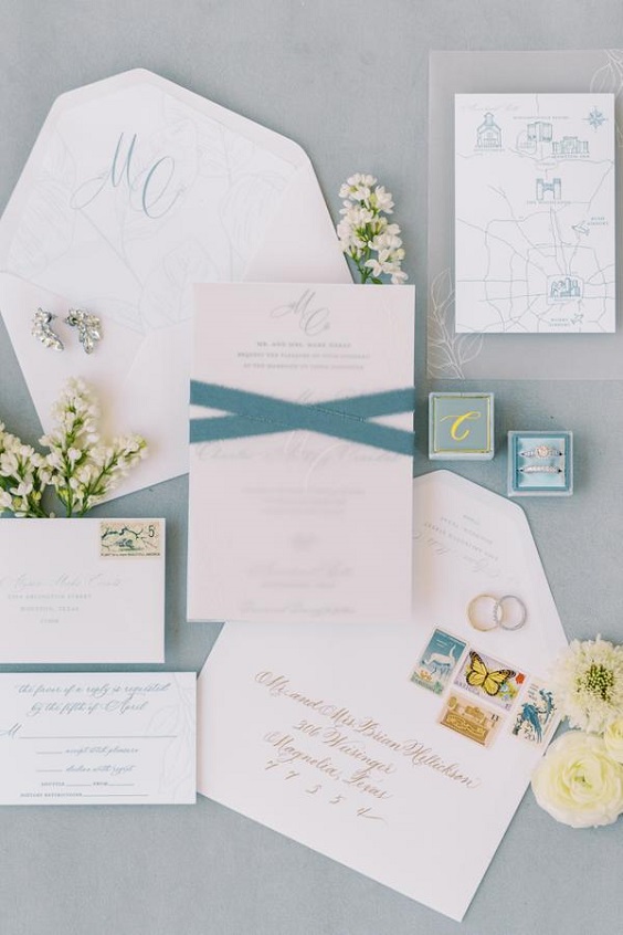 white wedding invites with light blue ribbons for summer wedding color 2022 light blue and white