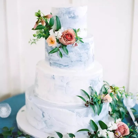 white and light blue wedding cake for summer wedding color 2022 light blue and white