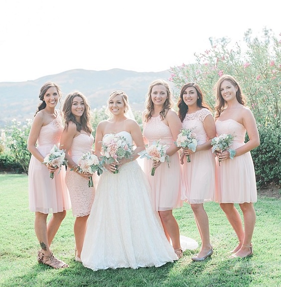 blush bridesmaid dresses and white bridal gown for summer wedding color 2022 blush and sage