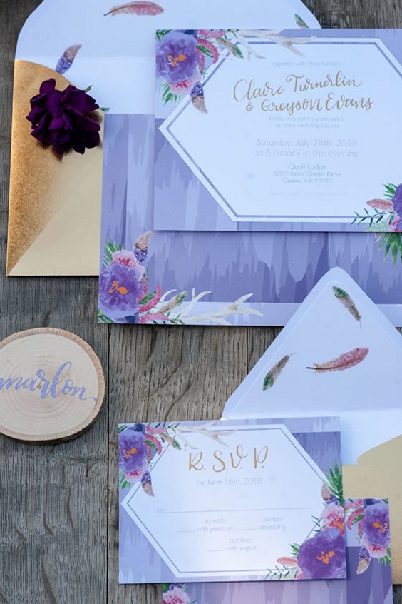 purple wedding invitetes for summer wedding color 2022 purple and khaki colors