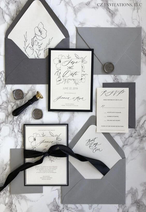 Wedding invitations for grey, black and white wedding