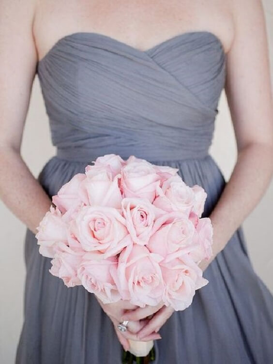 grey bridesmaids dress and pink rose bouquet for winter wedding colors 2022 grey and pink