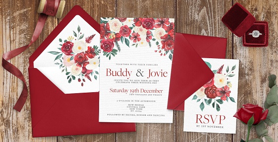 red wedding invitation for winter wedding colors 2022 red and blue