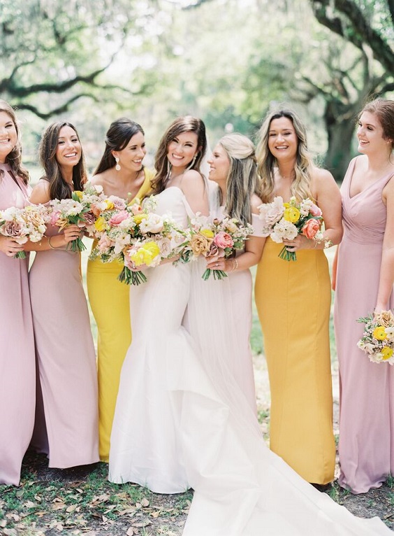 yellow pink and purple spring wedding colors for 2022 yellow bridesmaid dresses and pink bridesmaid dresses