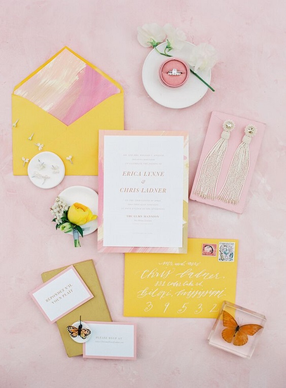 yellow pink wedding invites for spring wedding colors