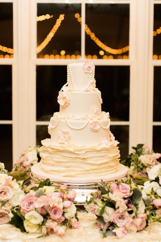 wedding cake dotted with pink flowers and greenery for spring wedding color palettes emerald gold pink colors