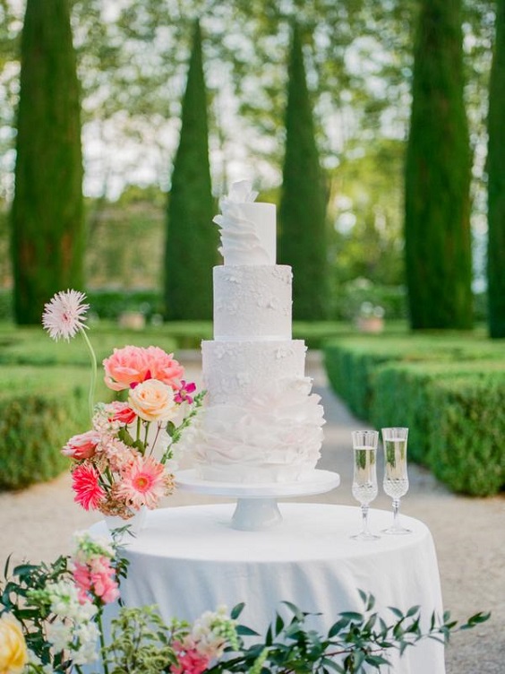 white wedding cake doracted with coral yellow flowers for spring wedding colors 2022 light blue coral yellow colors