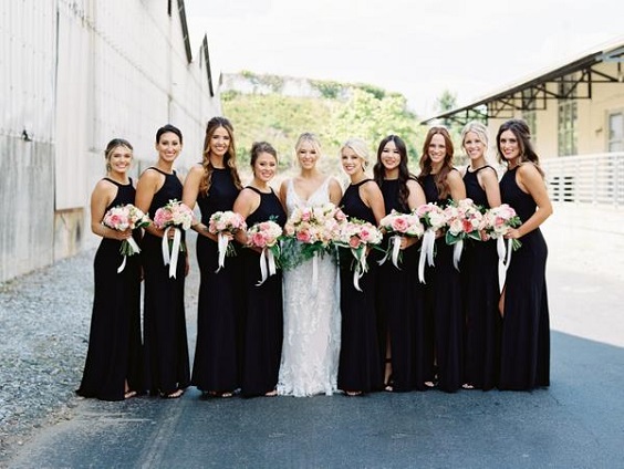 black bridesmaid dresses white bridal gown for spring wedding colors 2022 black white pink colors