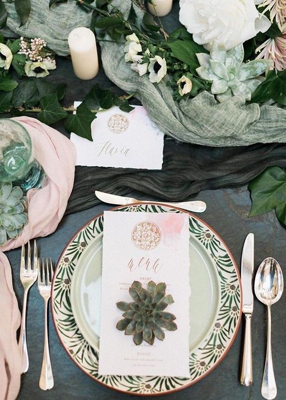 table setting for august wedding colors 2022 dusty rose and sage green