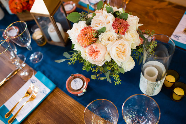 blue table runner and centerpieces for august wedding colors 2022 blue and orange