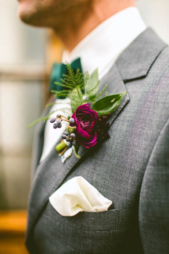 grey mens suit with fuschia boutonniere for august wedding colors 2022 fuschia