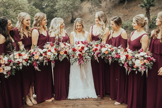 burgundy bridesmaid dresses white bridal gown for fall wedding colors 2023 burgundy and gold