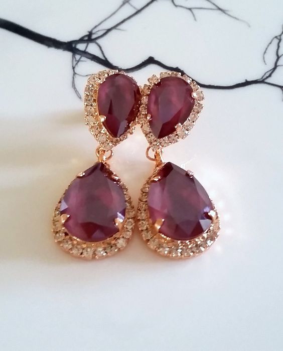 burgundy wedding earrings with golden rhinestones frame for fall wedding colors 2023 burgundy and gold