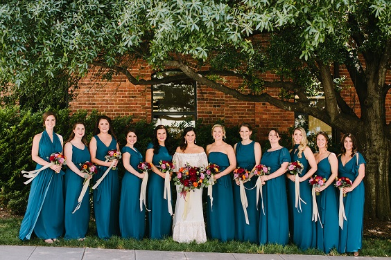 teal bridesmaid dresses white bridal gown for fall wedding colors 2023 teal and orange