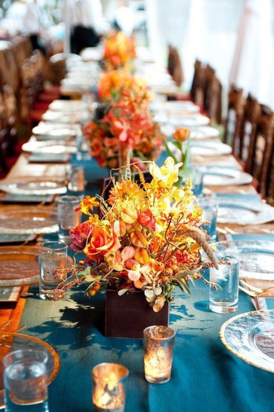 teal wedding table runner brown and yellow centerpieces for fall wedding colors 2023 teal and orange