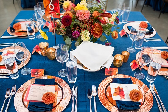 navy blue wedding tablecloth burnt orange yellow wedding centerpieces for fall wedding colors 2023 navy and burnt orange