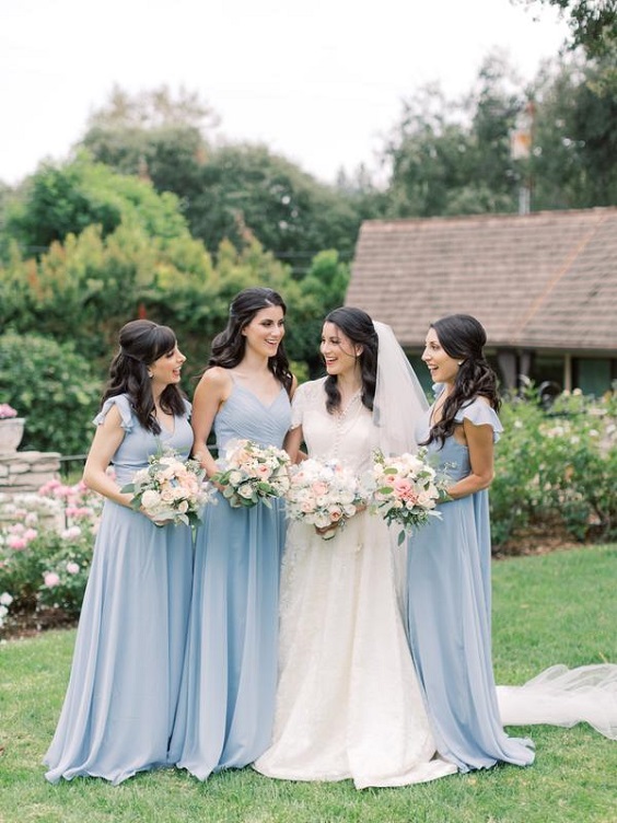 dusty blue bridesmaid dresses white bridal gown red and yellow bouquets for fall wedding colors 2023 dusty blue and blush pink