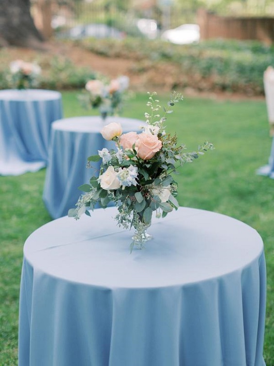 dusty blue wedding tablecloth blush pink white flower decor for fall wedding colors 2023 dusty blue and blush pink
