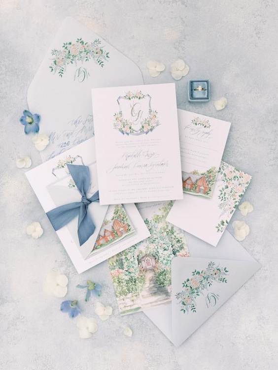 white wedding invites with dusty blue ribbons for fall wedding colors 2023 dusty blue and blush pink