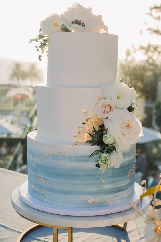wedding cake for summer wedding colors 2023 dusty blue and white