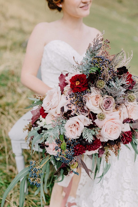 blush and burgundy wedding bouquet for summer wedding colors 2023 blush and burgundy