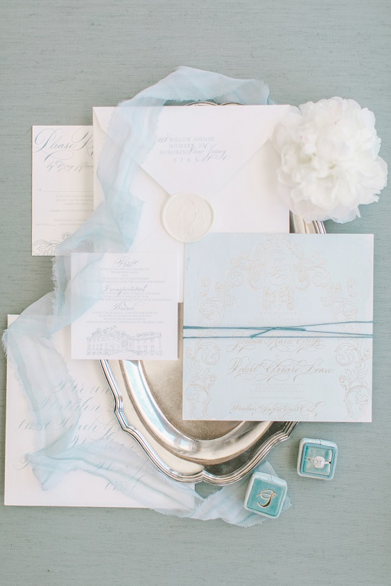 Wedding cards for Dusty blue, white and blush Spring Wedding 2023