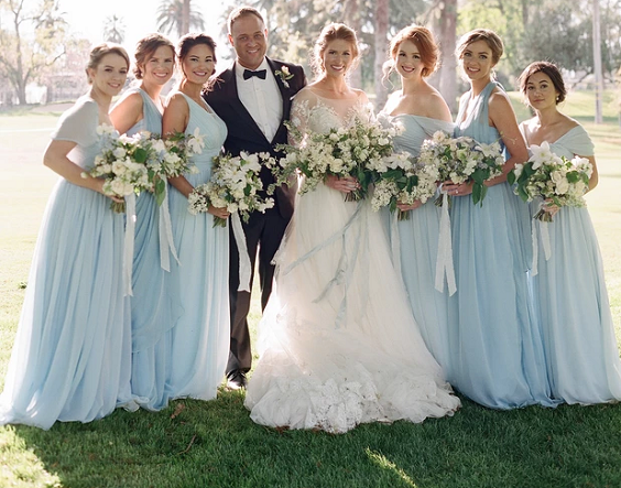 Dusty blue, white and blush Spring Wedding 2023, Wedding party, Dusty blue Bridesmaid Dresses, White bridal gown