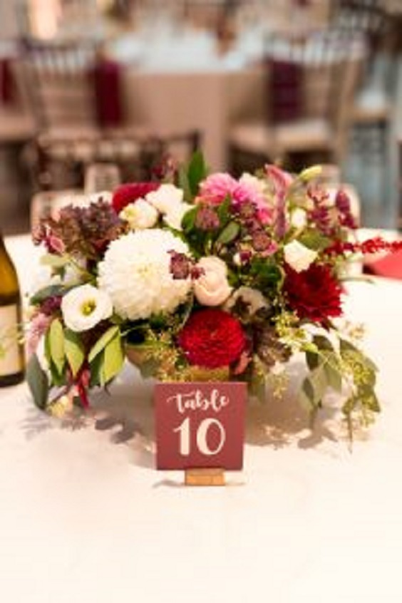 Wedding table decorations for Peach, grey and burgundy Spring Wedding 2023