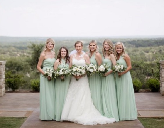 Honeydew, khaki and peach Spring Wedding 2023, honeydew Bridesmaid Dresses, Khaki Groom suit