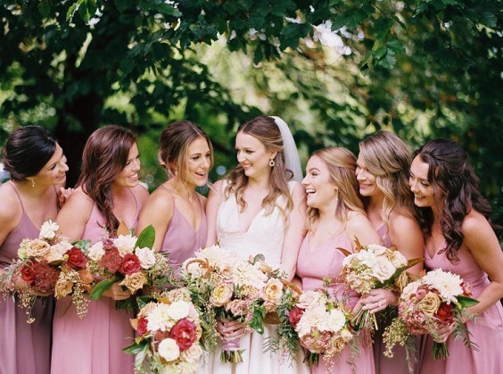 Dusty rose, Deep blue and Gold Spring Wedding 2023, Dusty rose Bridesmaid Dresses, White Bridal Gown