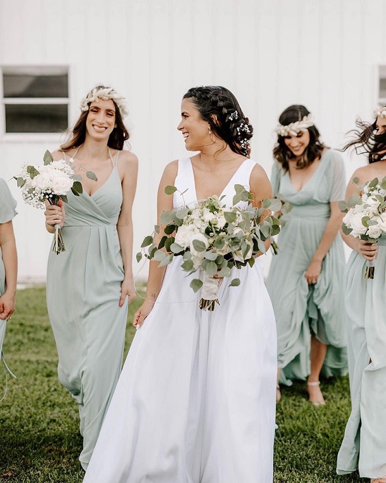 white bridal gown sage green bridesmaid dresses for sage green wedding colors 2023 sage green and white