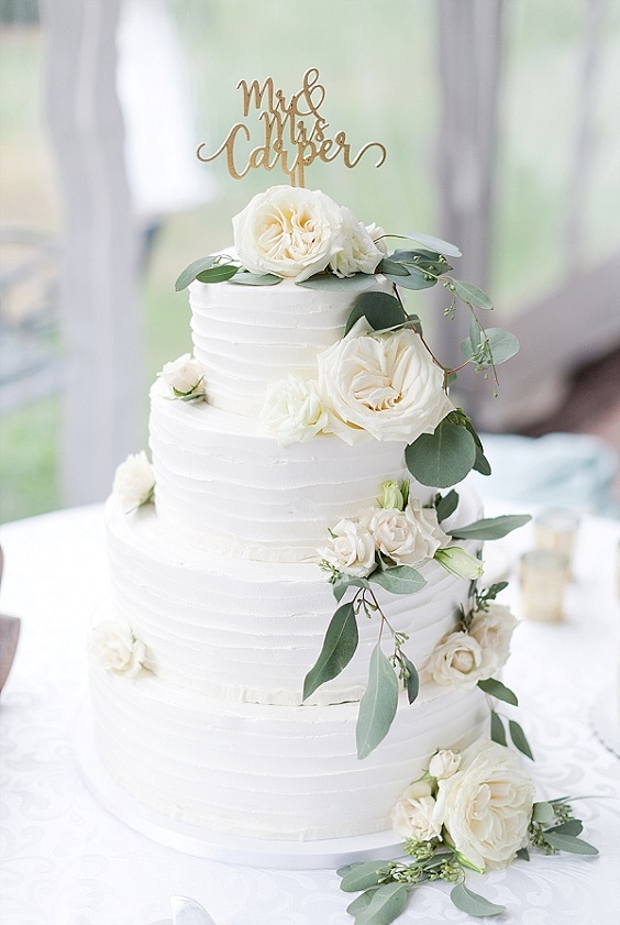 white wedding cake with white flower and greenery for sage green wedding colors 2023 sage green and white