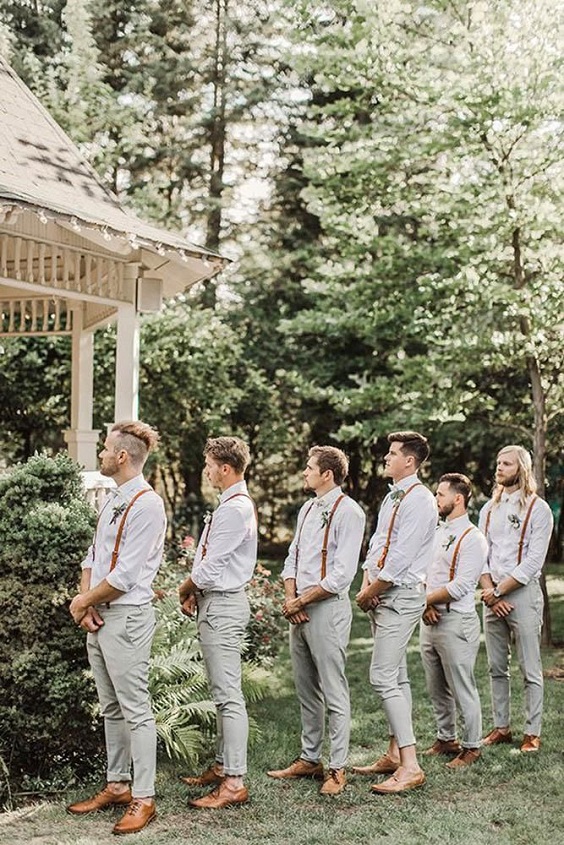 men in white shirts and terracotta suspender and shoes for sage green wedding colors 2023 sage green and terracotta