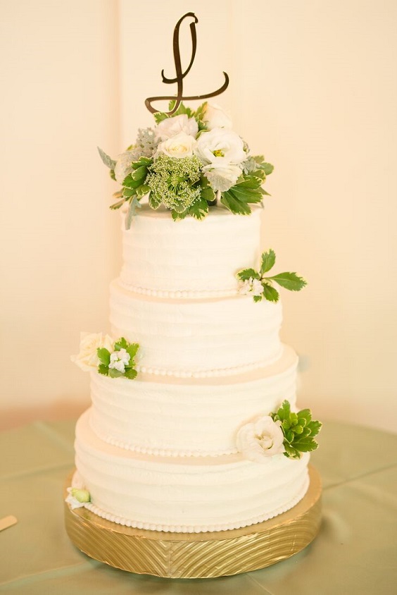 white wedding cake dotted with sage greenery plant for sage green wedding colors 2023 sage green and gold
