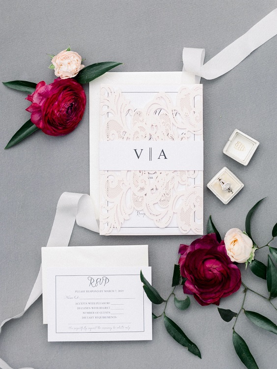 white wedding invites decorated with burgundy flower and greenery for sage green wedding colors 2023 sage green and burgundy