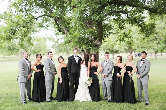 Black, Grey and Peach Wedding Color Theme 2023, Black Bridesmaid Dresses, Grey Groom Attire