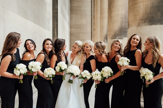 Black and Gold Wedding Color Theme 2023, Black Bridesmaid Dresses, White Bridal Gown