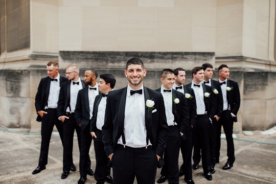 Black groom and groommen attire for Black and Gold Wedding Color Theme 2023