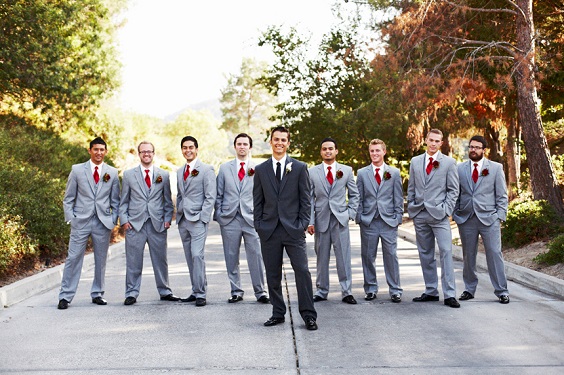 black groom suit grey groomsmen suits red ties for red and black wedding colors red black and grey