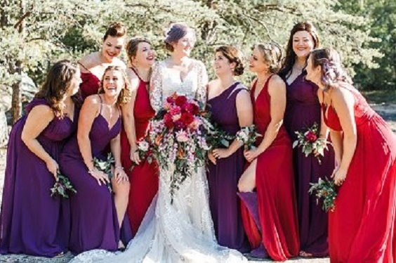 red bridesmaid dresses purple bridesmaid dresses white bridal gown for red and black wedding colors red black and purple