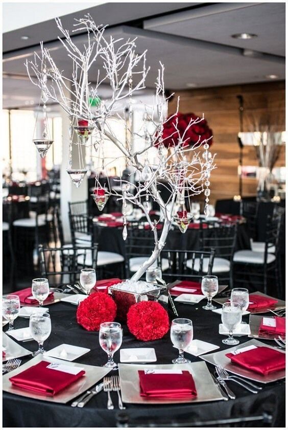 black wedding tablecloth red napkins and silver branches for red and black wedding colors red black and silver