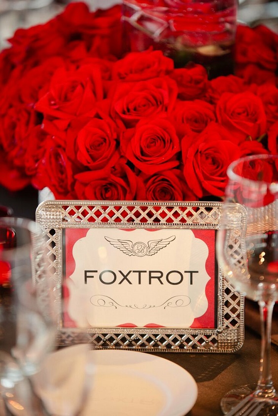 table name card with silver frame for red and black wedding colors red black and silver
