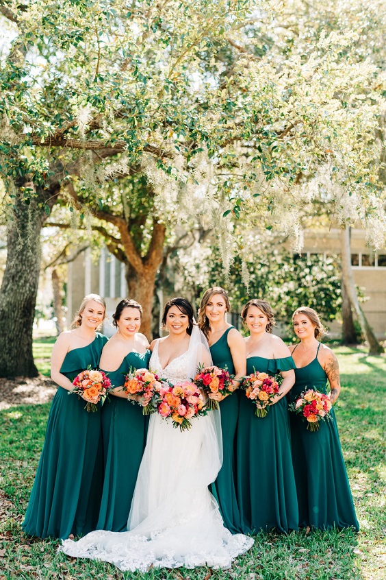 Emerald Green and Burnt Orange Wedding Color Combos 2023, Emerald Green Bridesmaid Dresses, Burnt Orange Bouquets