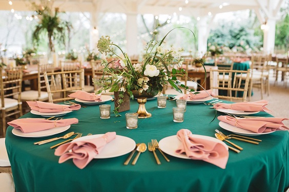 Wedding Table Decorations for Emerald Green and Dusty Rose Wedding Color Combos 2023