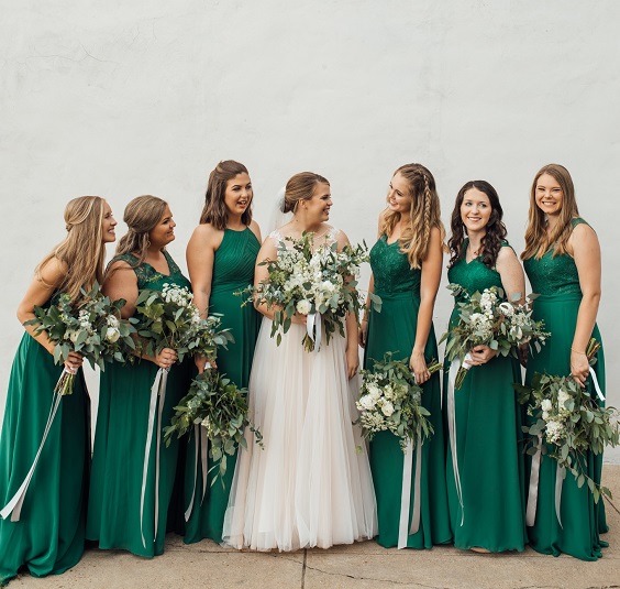 Emerald Green, White and Greenery Wedding Color Combos 2023, Emerald Green Bridesmaid Dresses, White Bridal Gown