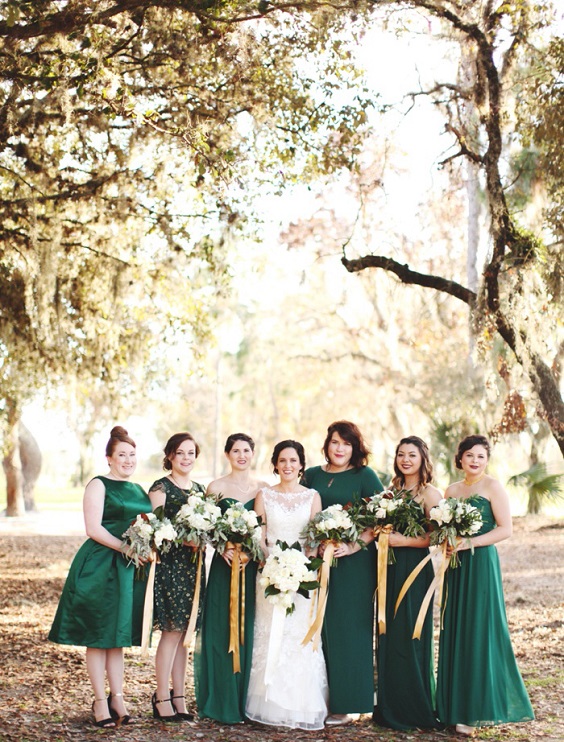 Emerald Green, Grey and Gold Wedding Color Combos 2023, Emerald Green Bridesmaid Dresses, Grey Suits