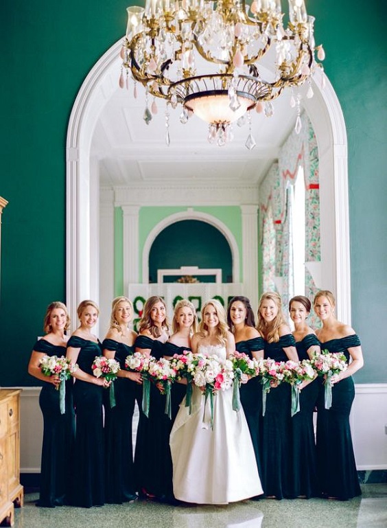 Emerald Green, Hot Pink and Gold Wedding Color Combos 2023, Emerald Green Bridesmaid Dresses, Hot Pink Bouquets