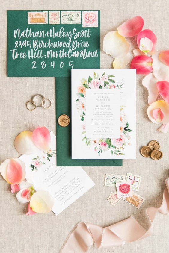 Wedding invitations for Emerald Green, Hot Pink and Gold Wedding Color Combos 2023