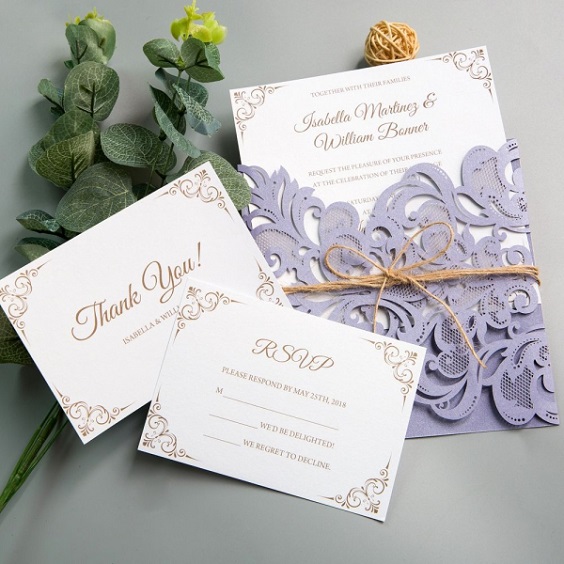lavender laser cut wedding invitations for purple wedding colors 2023 lavender and navy blue